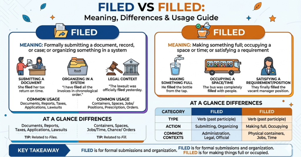 Filed vs Filled: Meaning, Differences & Usage Guide